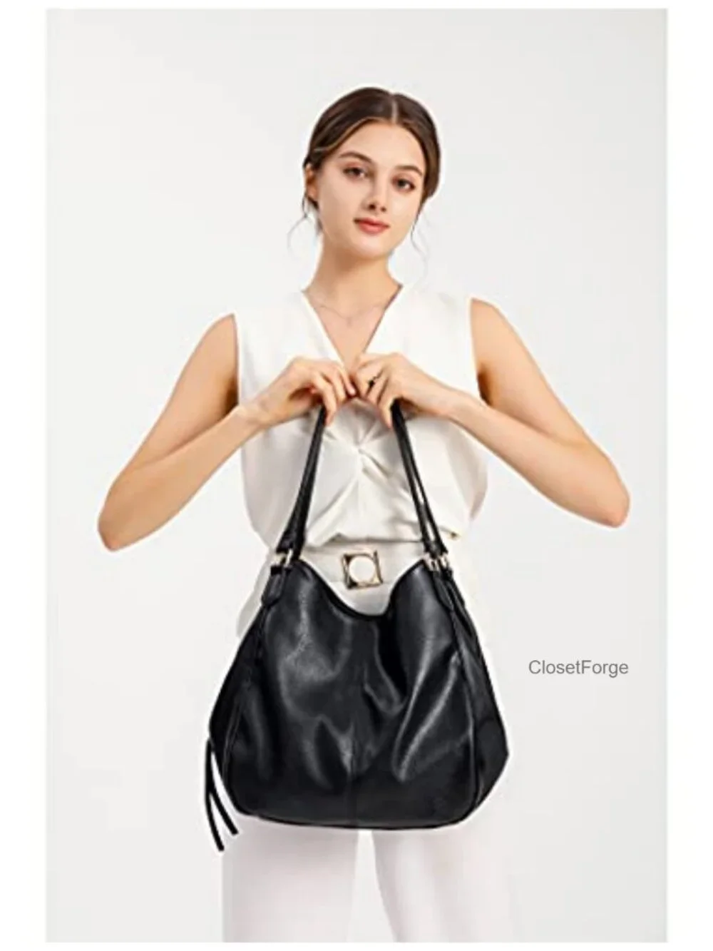 Vegan Leather Hobo Shoulder Bag Multi-Pocket Tote for Women